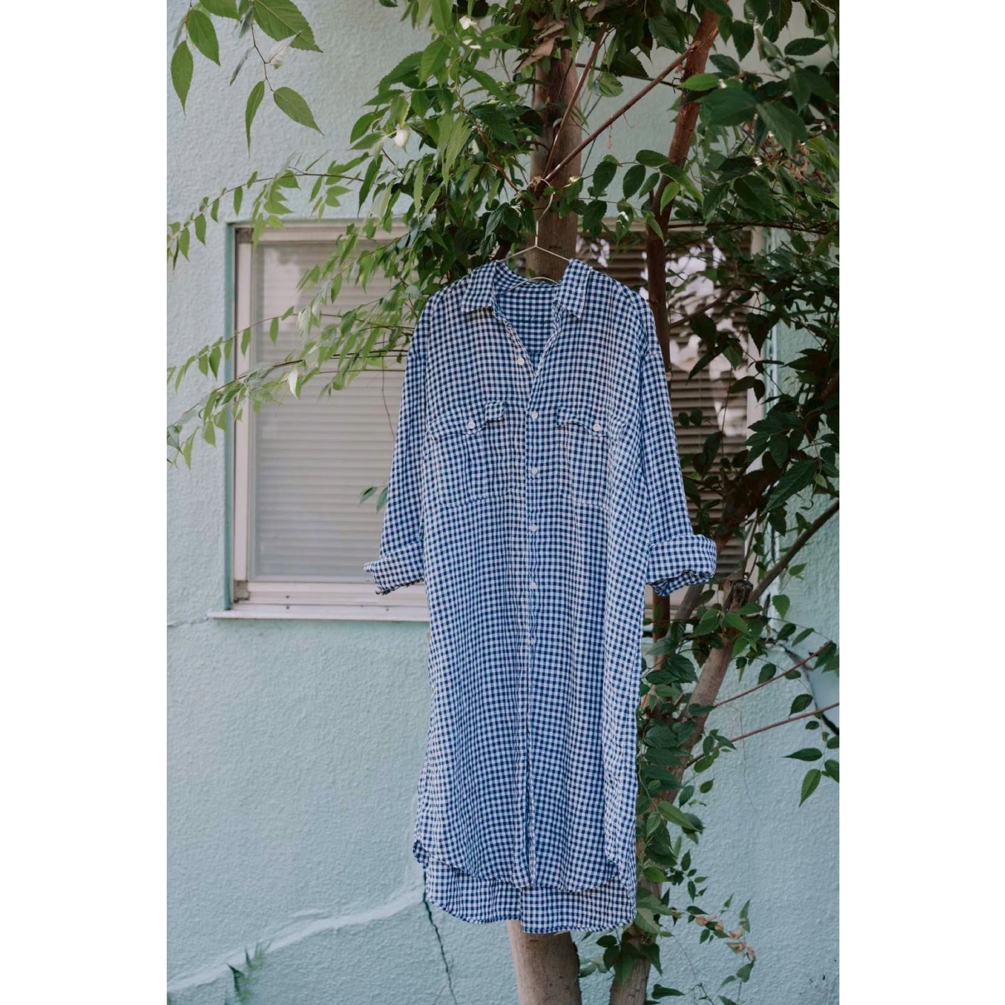 ROLL UP LINEN GINGHAM CHECK SHIRT DRESS