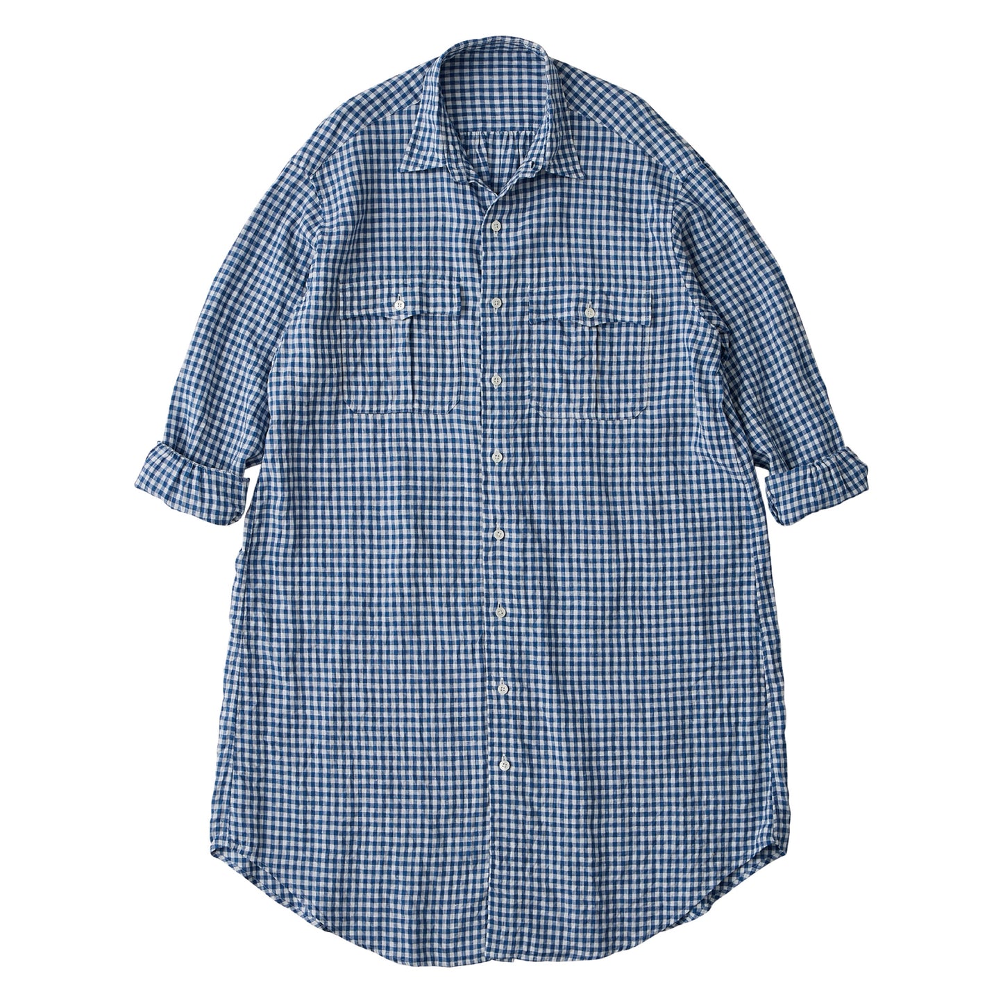 ROLL UP LINEN GINGHAM CHECK SHIRT DRESS