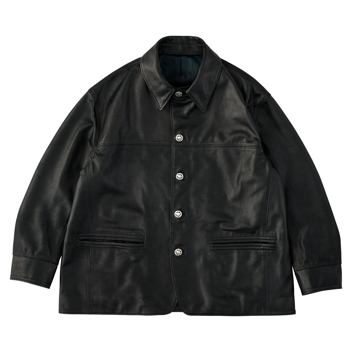 LEATHER CAR COAT W / SILVER BUTTONS