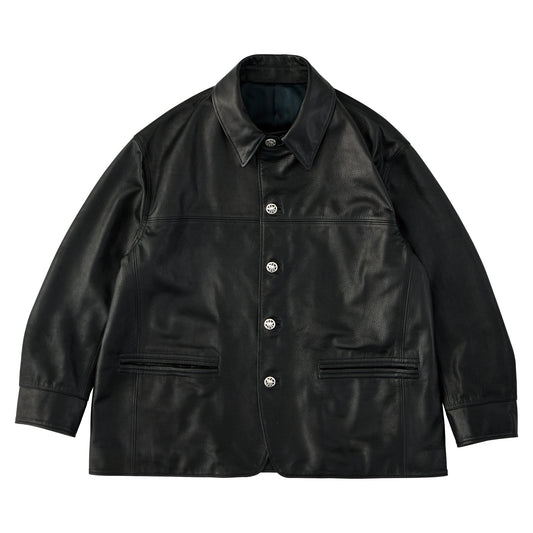 LEATHER CAR COAT W / SILVER BUTTONS