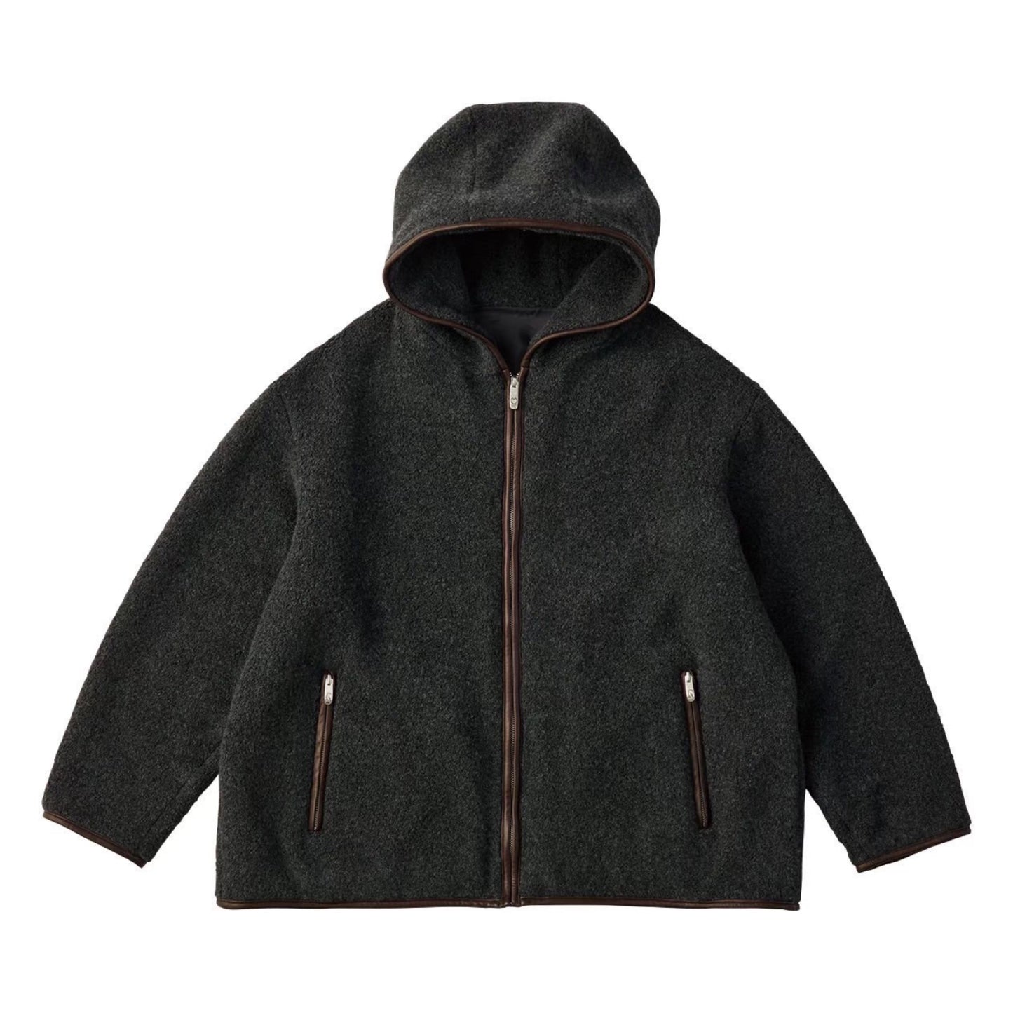 CASHMERE ZIP UP HOOD JACKET W/LEATHER PIPING (ENTREFINO)